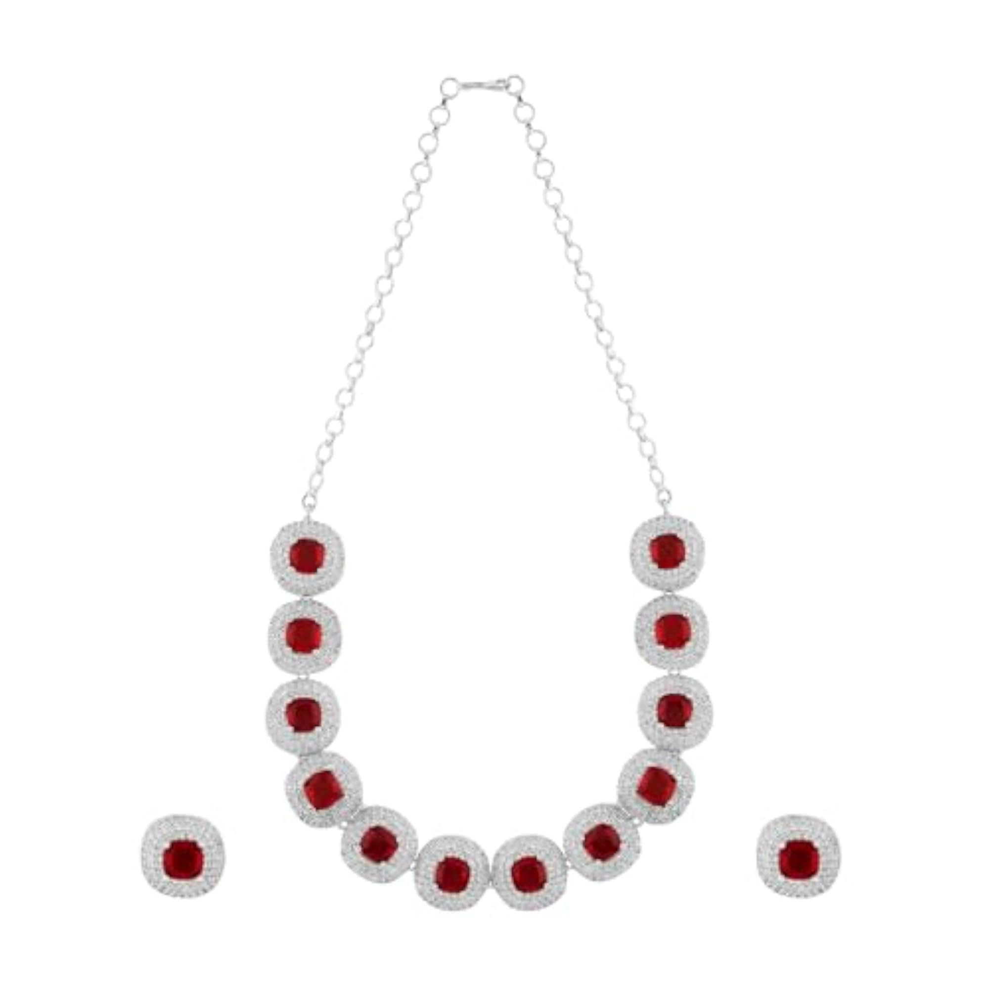 Celeste Silver Red Stone Necklace Set